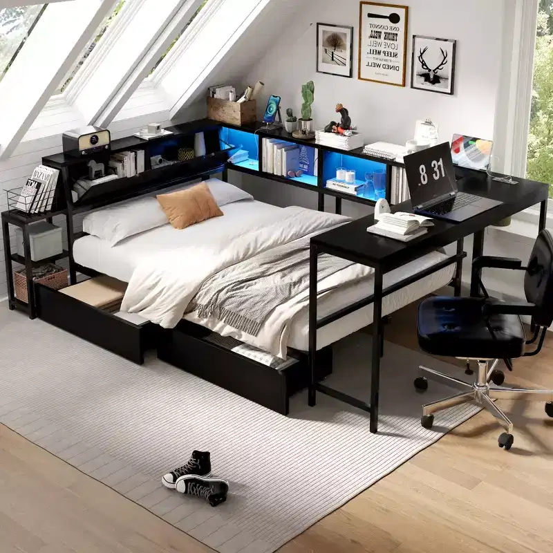 GDFStudio Curme Modern Corner Bed with Bookcase and 2 Underbed Storage Drawers