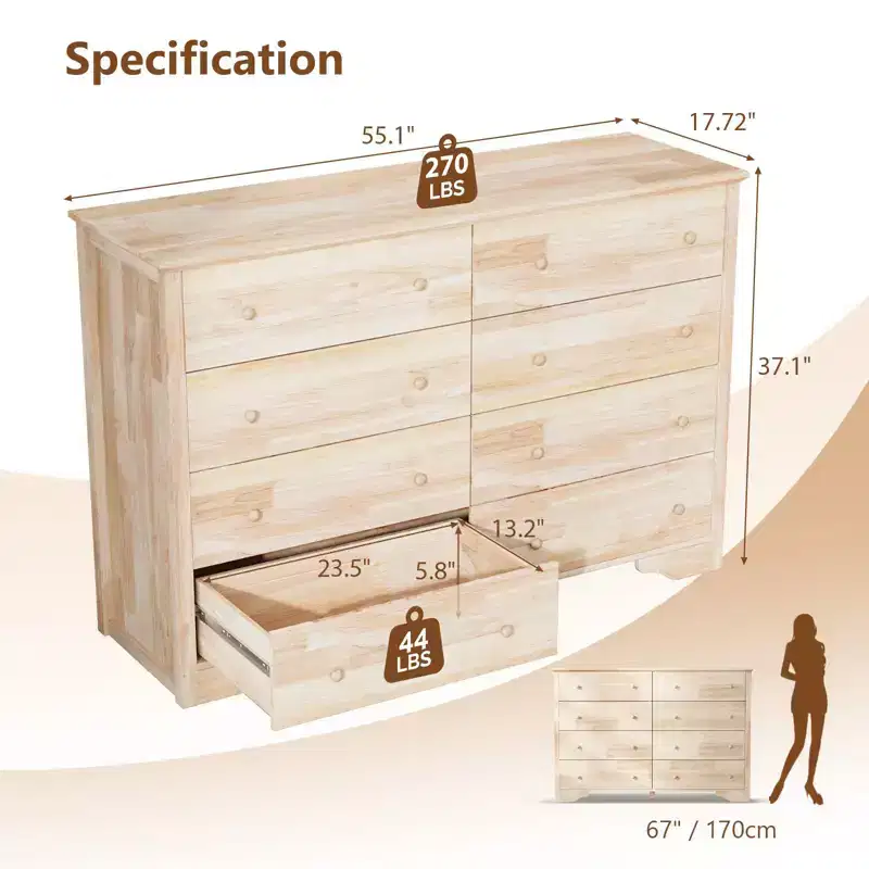8-Drawer Brown MDF 55.12in. W Chest of Drawer
