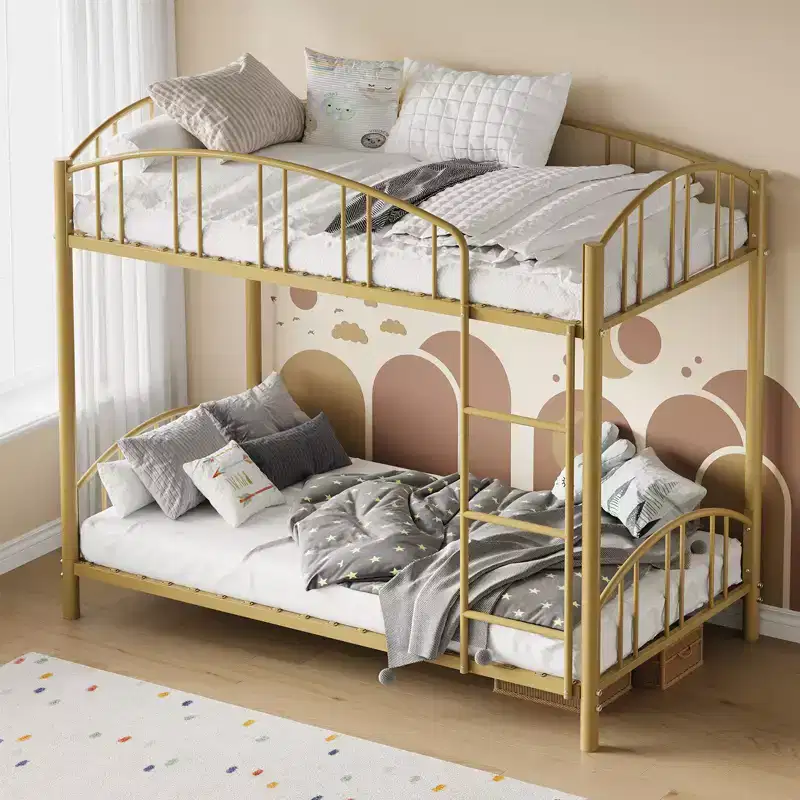 Bed Twin Over Twin with Stairs and Arched GuardrailSturdy Metal Slats Support, Space Saving, Noise Free, No Box Spring Needed for Kid Room and Dorm