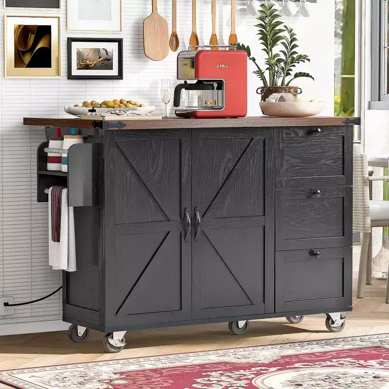 54.5 Farmhouse Kitchen Island with Power Outlet, Rolling Kitchen Cart on Wheels with Internal Storage Rack, Drop Leaf, Spice Rack