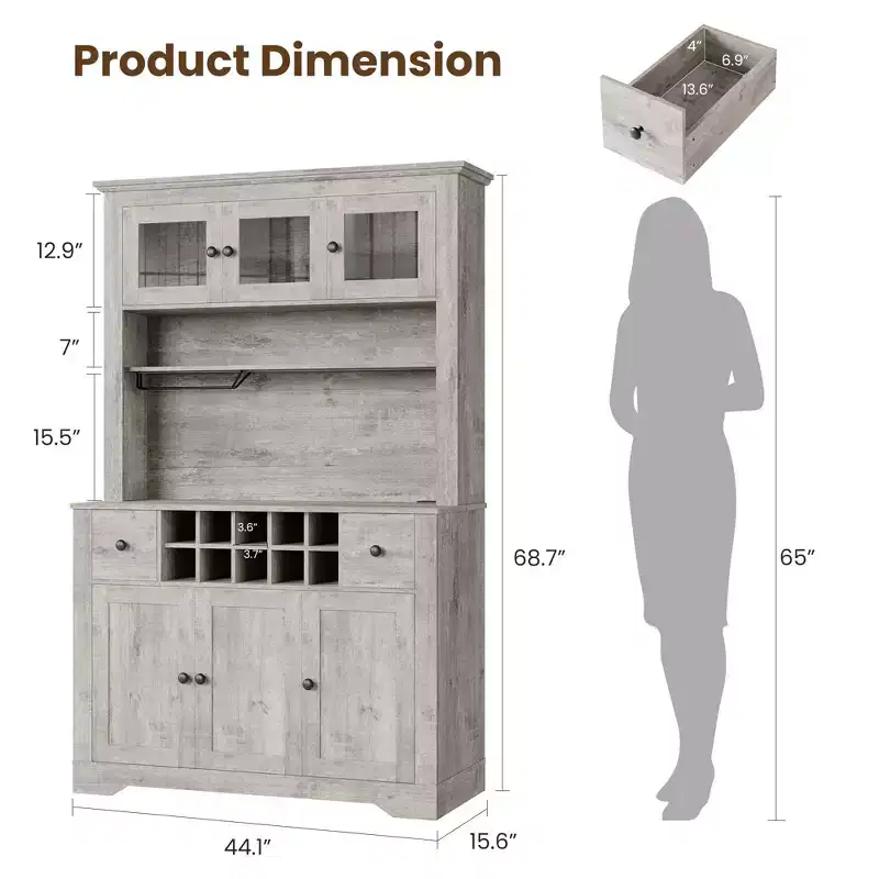 69 Tall Pantry Cabinet with LED Lights & Charging Station, Large Kitchen Pantry Storage Cabinet Kitchen Hutch Coffee Bar Cabinet with Wine Rack