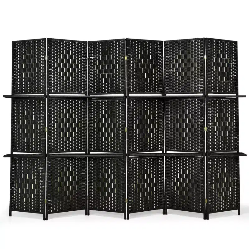 6 Panel Folding Room Divider 6Ft Weave Fiber Screen with 2 Display Shelves