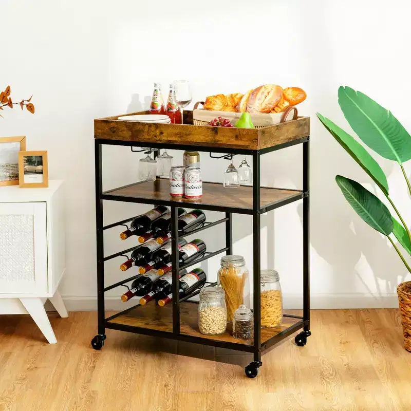 3-Tier Rolling Kitchen Cart Utility Trolley with Wine Bottle Rack