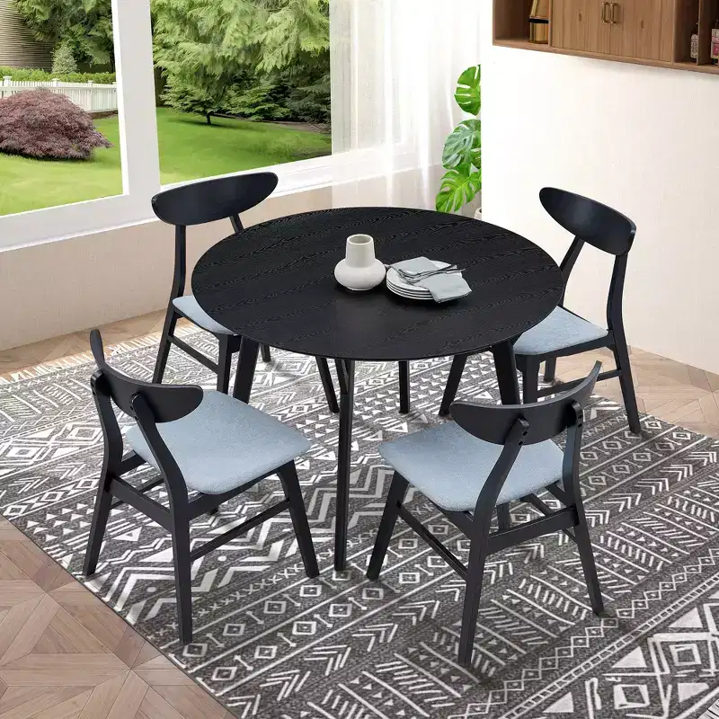 GDFStudio Lambert Modern Rubber Wood and Fabric Upholstered 5 Piece Round Dining Table Set
