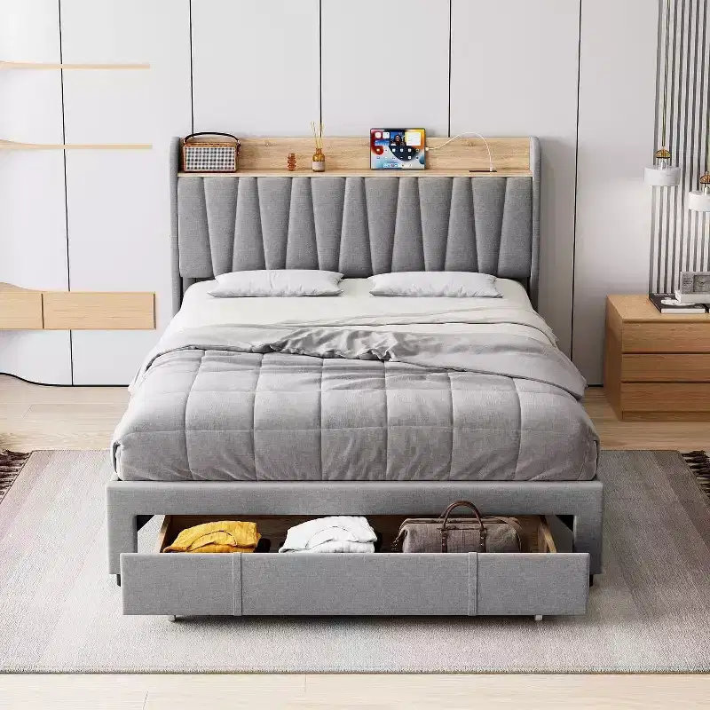 King Size Upholstered Platform Bed Frame with Storage Headboard, Charging Station & Drawers