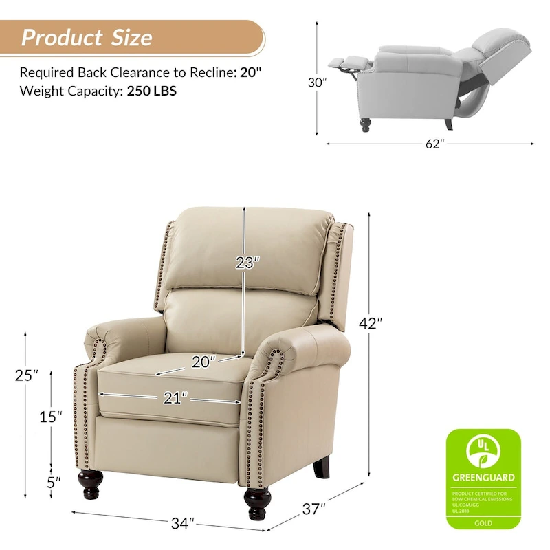 Gabriela Mid-Century Modern Genuine Leather Recliner with Tapered Block Feet by HULALA HOME