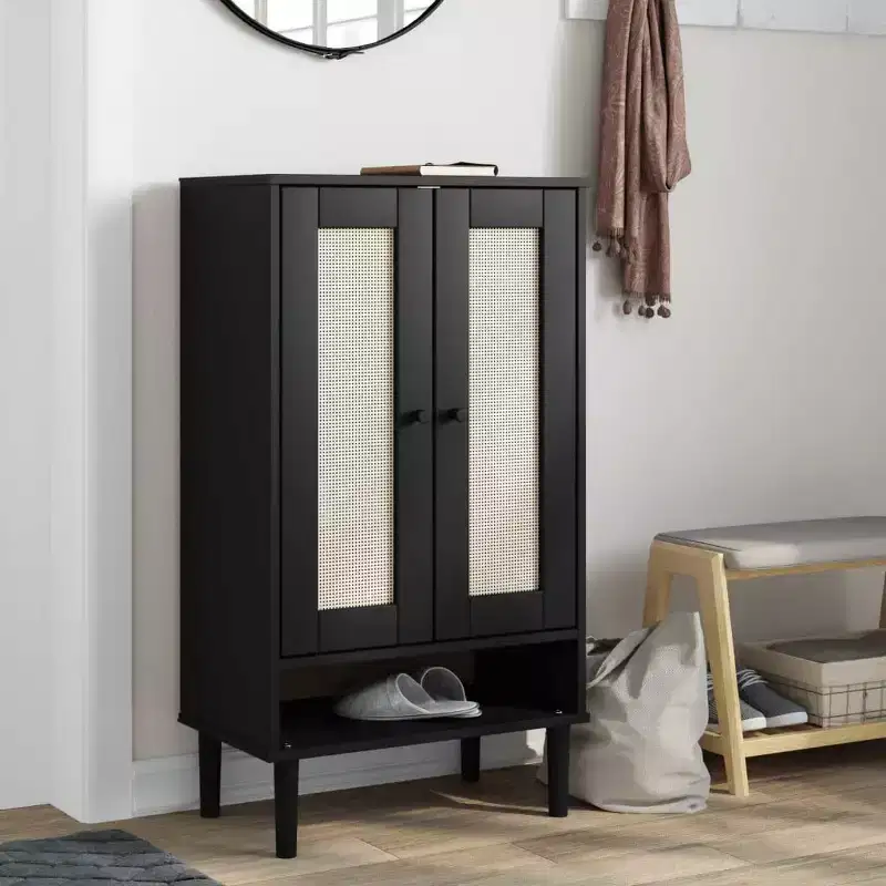 Shoe Cabinet Accent Storage Organizer Rattan Look Solid Wood