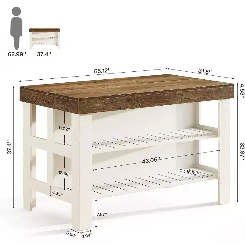 Lantine Home Bar Table Unit with Storage Shelves, 55.1-Inch Farmhouse Counter Height Bar Cabinet for Kitchen Dining Room,Brown