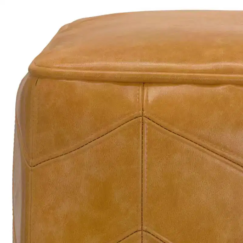 Square Pouf Brown: Chevron Genuine Leather, No Assembly, Padded Seating