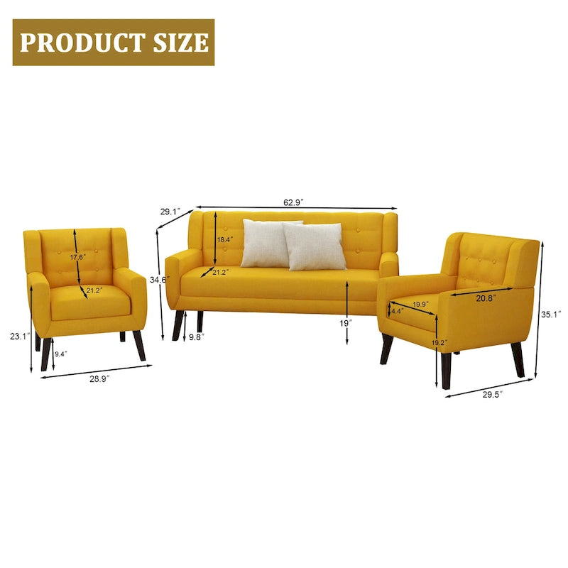 Tufted Linen/Cotton Loveseat with 2 Accent Chairs