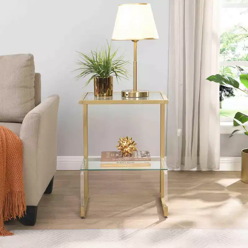Okak Modern C-Shape 2-Tier Side Table with Glass Tabletop and Shelf, End Table with Metal Frame, Couch Table for Living Room, Bedroom, Gold