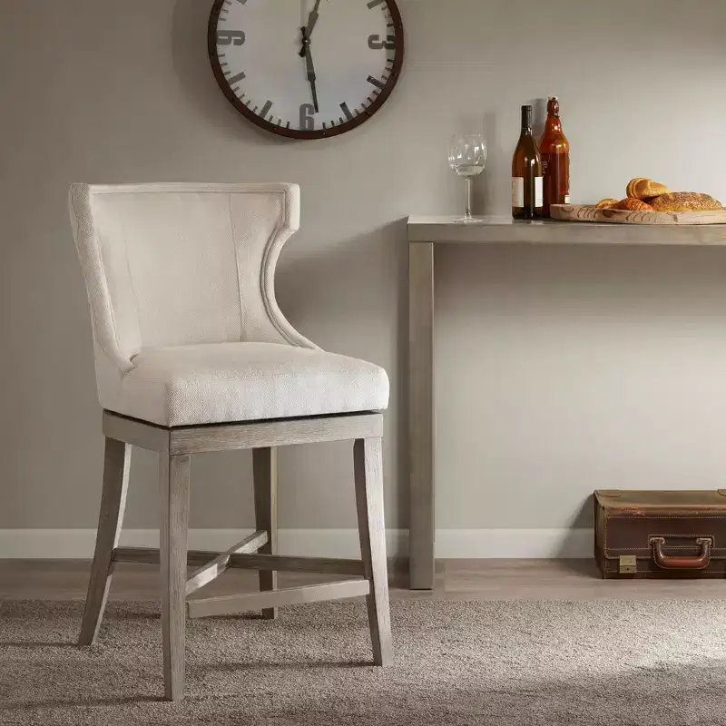 Madison Park Troy Counter Height Barstool with Swivel Seat Cream: Upholstered, Rubberwood Frame, 300 lbs Capacity