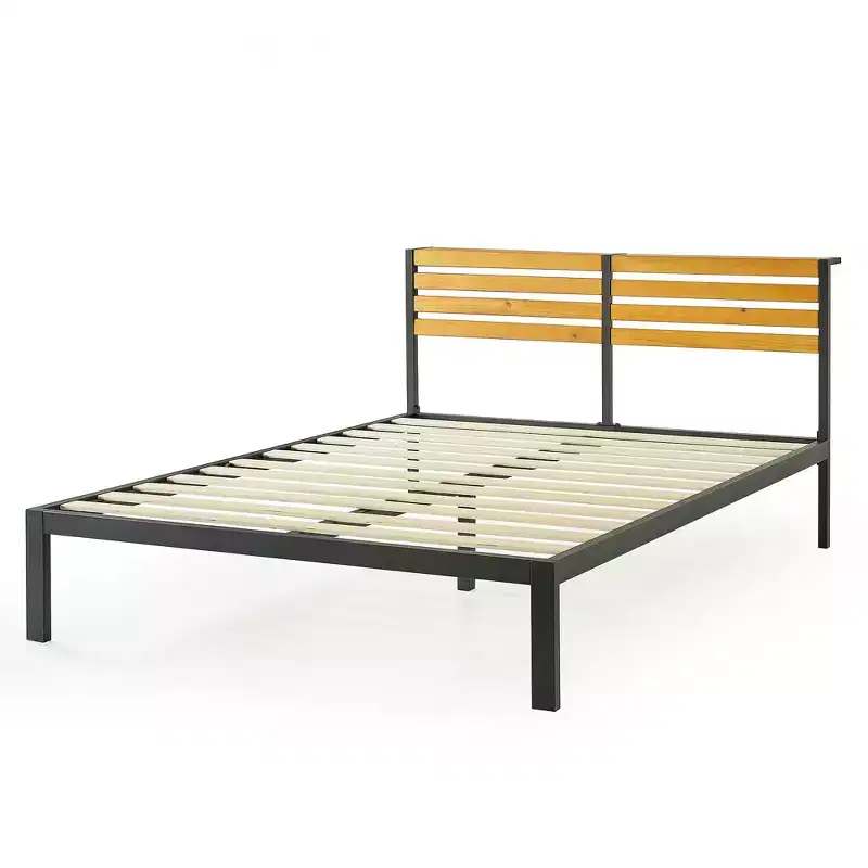 Metal & Wood Platform Bed Frame with Built-In Headboard Shelf