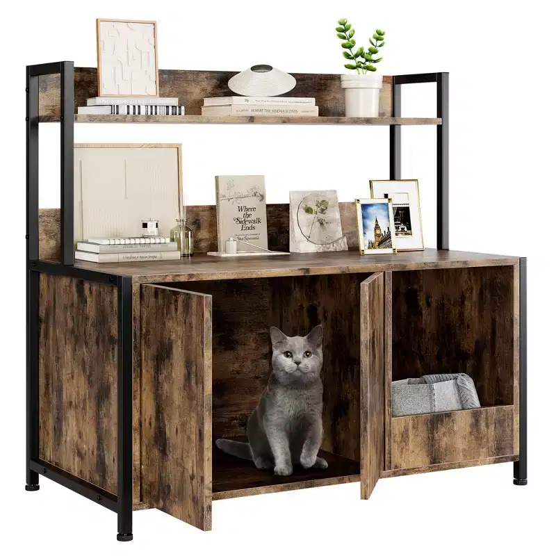 Cat Litter Box Furniture Enclosure with Scratch Pad and Storage