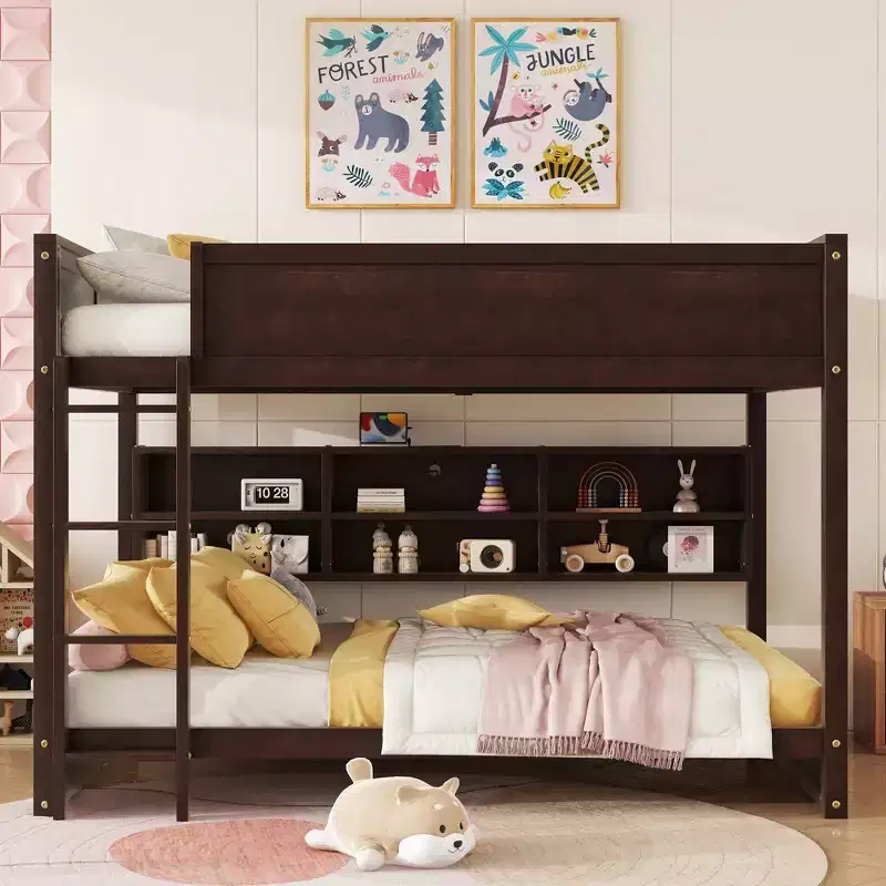 Bunk Bed Queen over Queen with Storage Cabinets, Queen Wood Bunk Bed Frame with Charging Station for Kids Teens