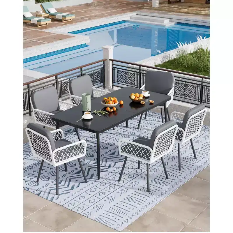 7-Piece Outdoor Dining Set with Gray Cushions, Tempered Glass Top Table & All-Weather PE Wicker Chairs for Patio, Garden, Poolside