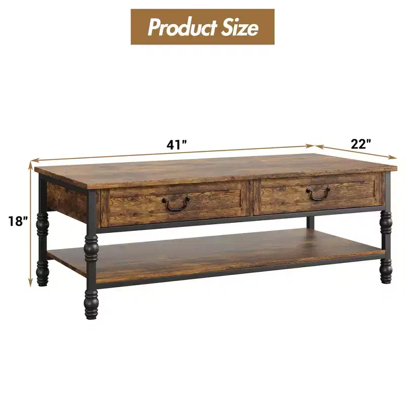 GustoWave 41 Mid Century Modern Coffee Table with 2 Drawers & Storage Shelf for Living Room, Office, Parlor, Reading Room, Rustic Brown