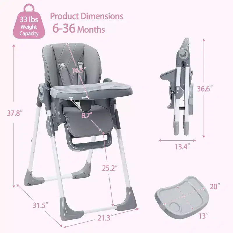 Baby High Chair, Adjustable Height & Recline Foldable Highchair with Removable Tray - Easy-Clean Multifunctional Infant Seat