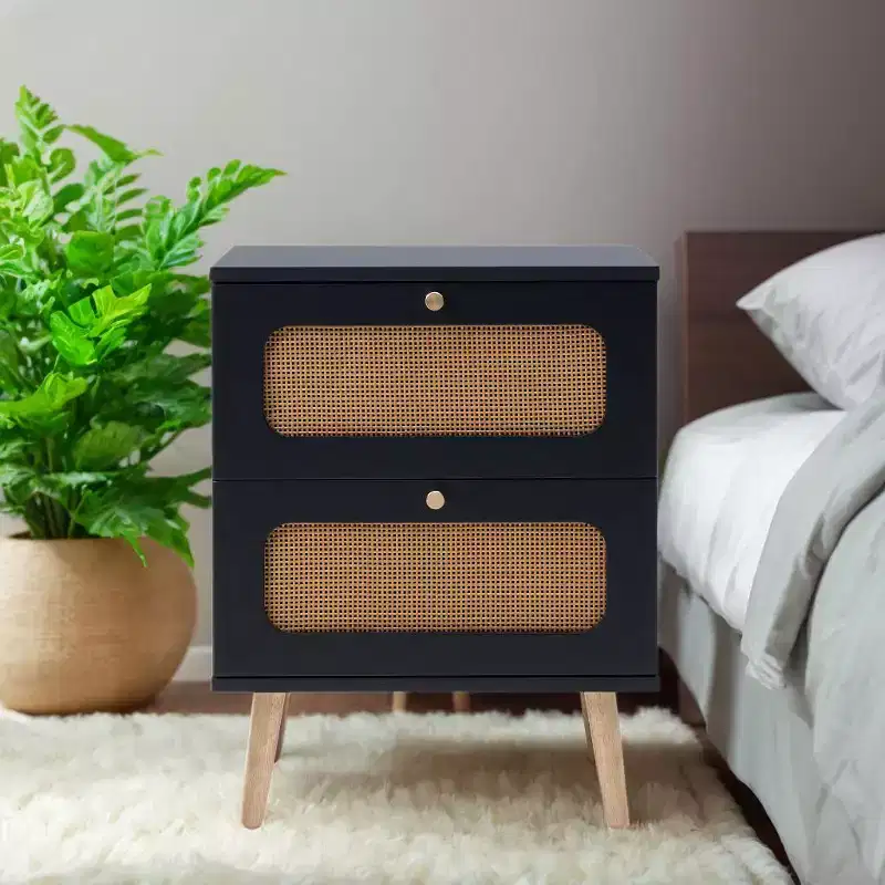 Mid-Century Modern Nightstand LED/Night Light Drawer Storage Door Cabinet Rattan Detail Wood & Rattan (W2282P220561)