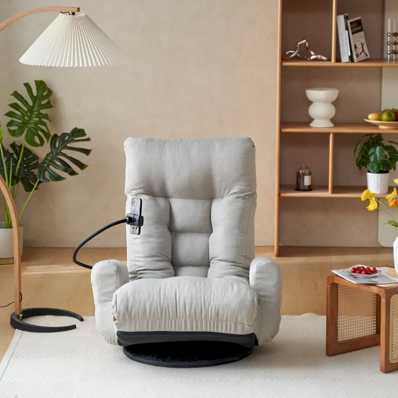 Gray Swivel Recliner with Phone Holder, Adjustable Headrest