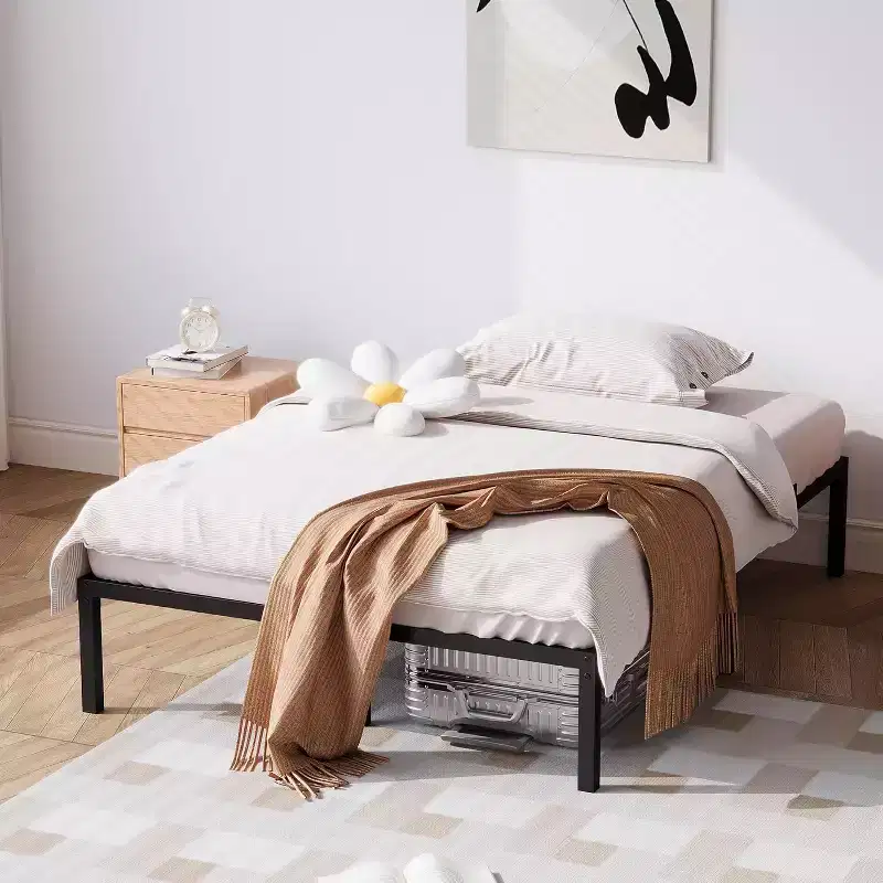 Full Size Metal Bed Frame with Storage, Heavy Duty Steel Slats Support, 1000 lbs Capacity, No Box Spring Needed, Black 16 Inch