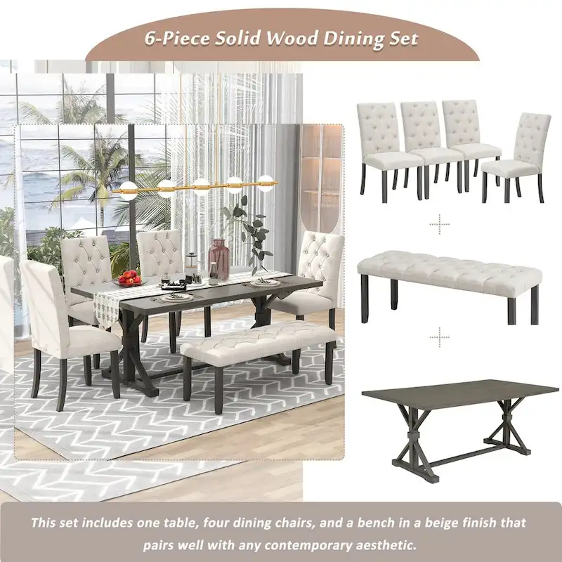 6-Piece Farmhouse Dining Table Set 72 Wood Rectangular Table, 4 Upholstered Chairs with Bench