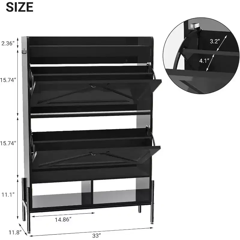 Acekool Shoe Cabinet with 2 Flip-Up Drawers & Open Storage, Adjustable Support Legs, Metal Knobs, Entryway Organizer