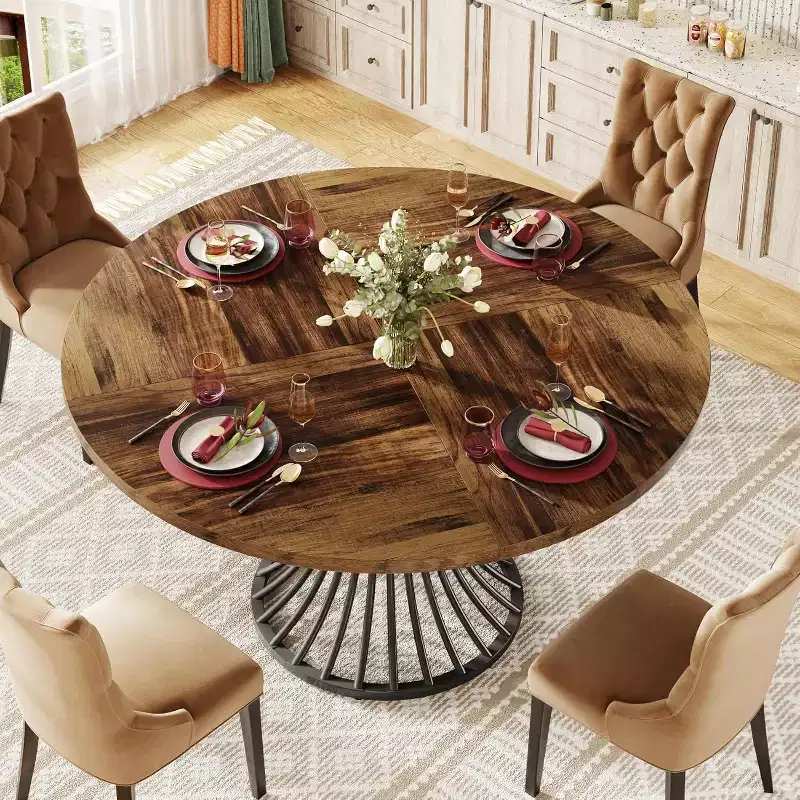 47-Inch Farmhouse Round Dining Table for 4-6 People with Industrial Metal Base, Black and Brown, Suits Kitchen & Living Room