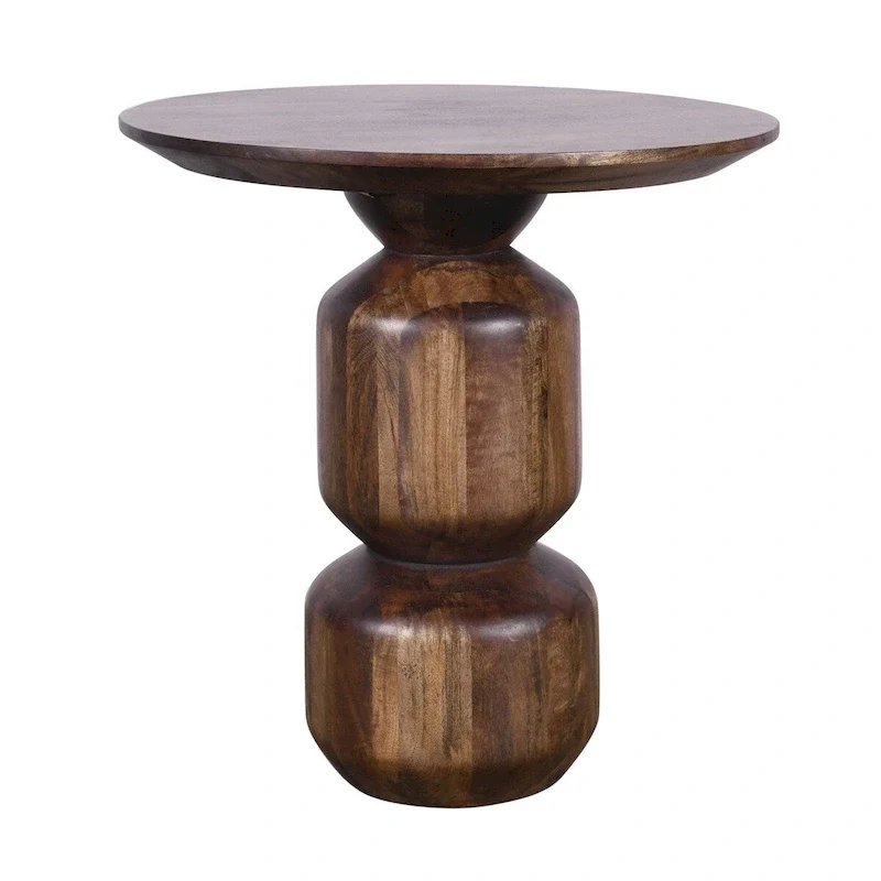 Brown Wood-Top Round Side End Table, Pedestal Base, for 1