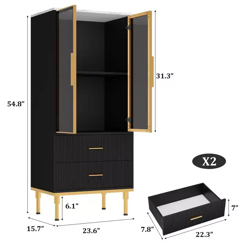 Fluted Storage Cabinet with Glass Doors & 2 Drawers, Modern Buffet Sideboard with Adjustable Shelves for Kitchen, Dining, Living Room