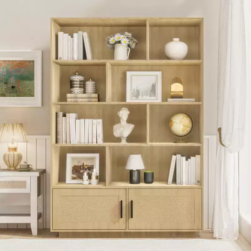 Natural Brown 5-Shelf Bookcase with Rattan Doors, 2-Door Cabinet, 1-Person Assembly
