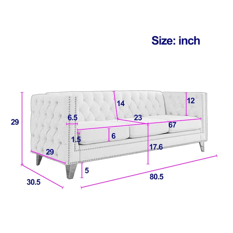 Velvet Upholstered 3 Seat Sofa, Classic Chesterfield Couch Buttons Tufted Square Arm Sofa with Nailheads and Metal Legs