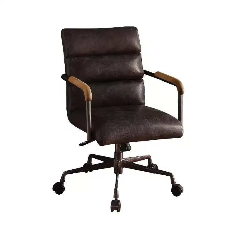 Okak Top Grain Leather Desk Chair, Executive Office Chair with Wooden Armrests and Metal Frame, Stylish Comfy Chair for Home, Office