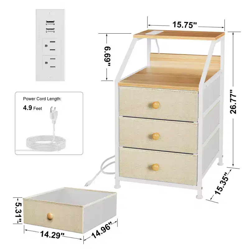 2-Shelf 3-Drawer Modern Nightstand End Table with Charging Station, Taupe