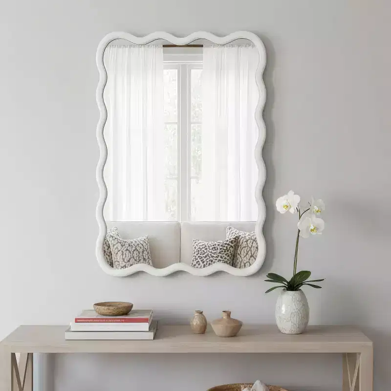 24 x 36 Wavy Rectangle Solid Wood Frame Decorative Mirror Modern Farmhouse Wall Mirror For Bedroom Bathroom Living Room Entryway White