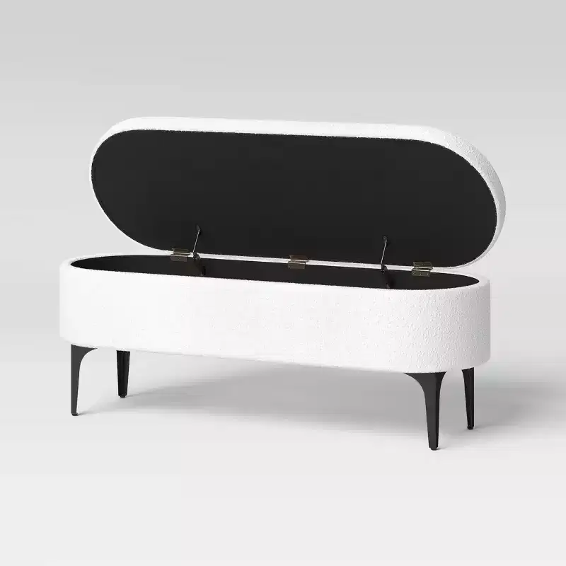 Storage Bench with Metal Legs, Cream Boucle