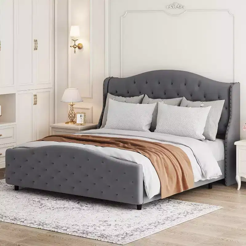 Queen Size Tufted Upholstered Platform Bed Frame with Raised Wing Back Headboard, Mattress Foundation & Wood Slat Support, No Box Spring Needed, Gray