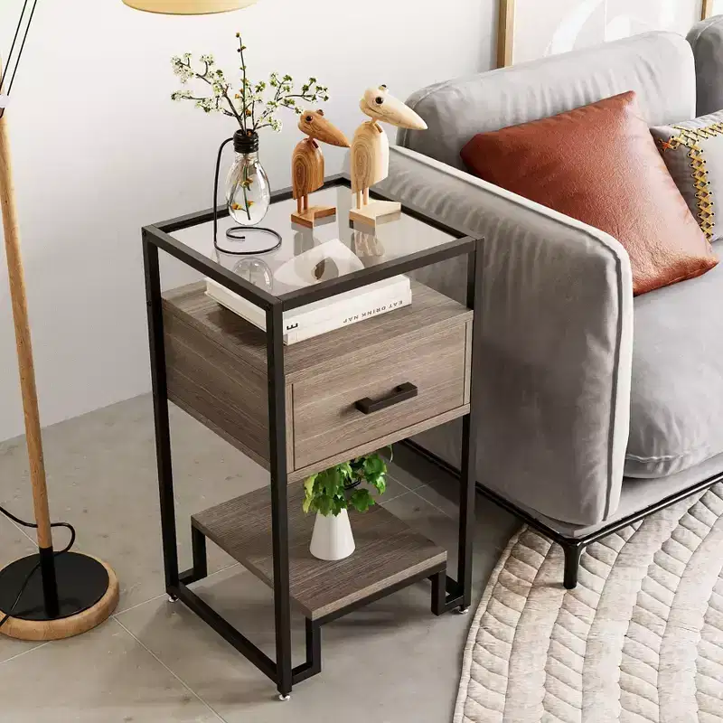 Nightstand with Storage Drawer and 3-Tier Shelving, Small End Table