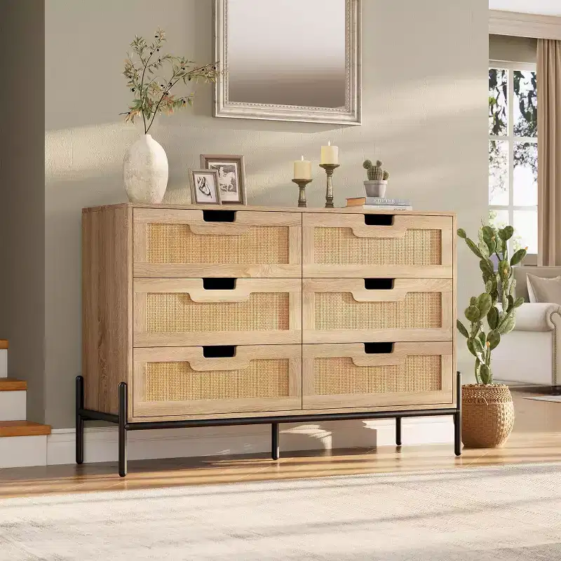 Natural Rattan 6 Drawer Dresser, Wooden Chest of Drawer, Farmhouse Storage Cabinet with Metal Legs, Modern Dresser for Bedroom, Living Room