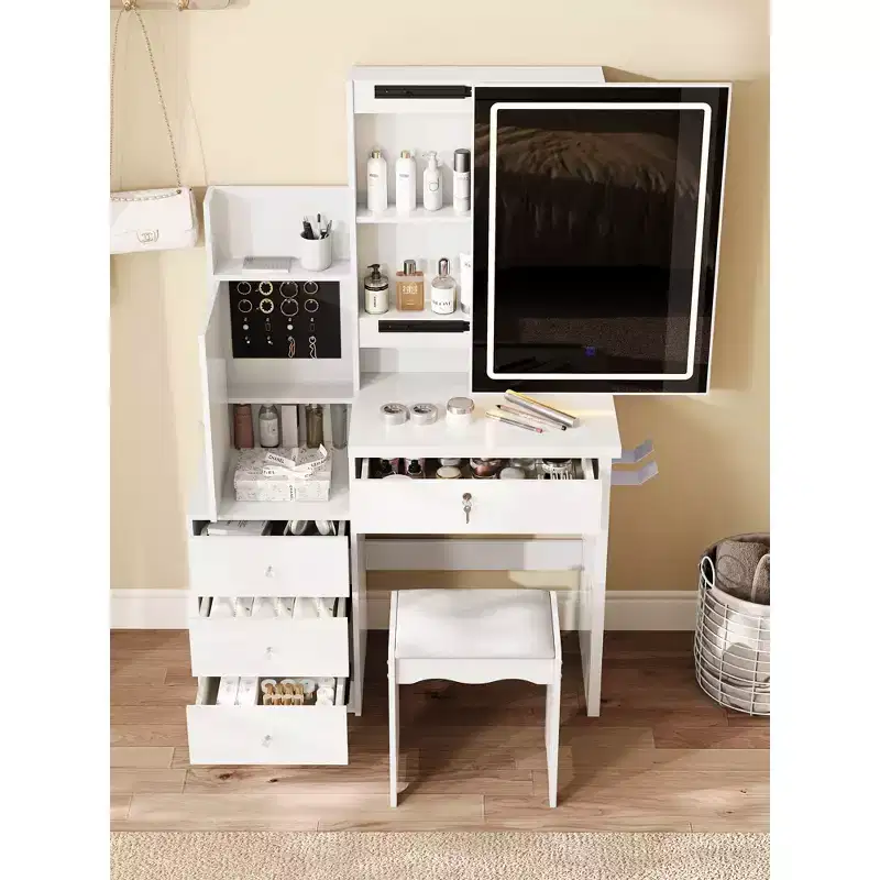 Modern Vanity Desk with Cushioned Stool, Compact Vanity with Sliding Mirror and Ample Storage, Makeup Desk for Dressing Room, White