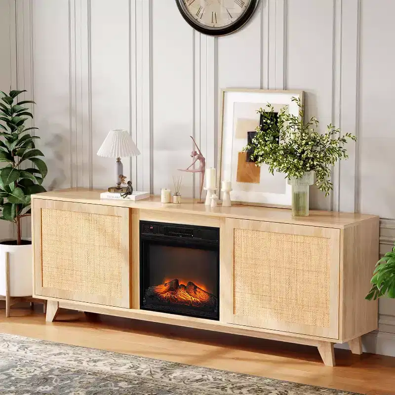 VINGLI Fireplace TV Stand for up to 70 inch TVs, Rattan Entertainment Center with Electric Fireplace Heater & Adjustable Shelves