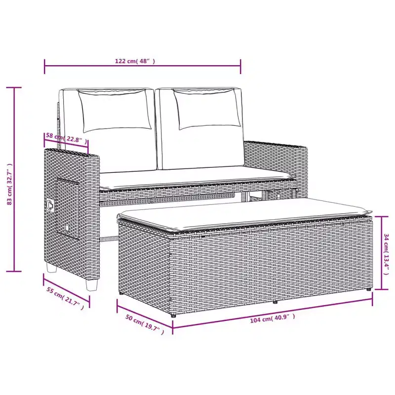 vidaXL Reclining Patio Bench with Cushions Seating Poly Rattan