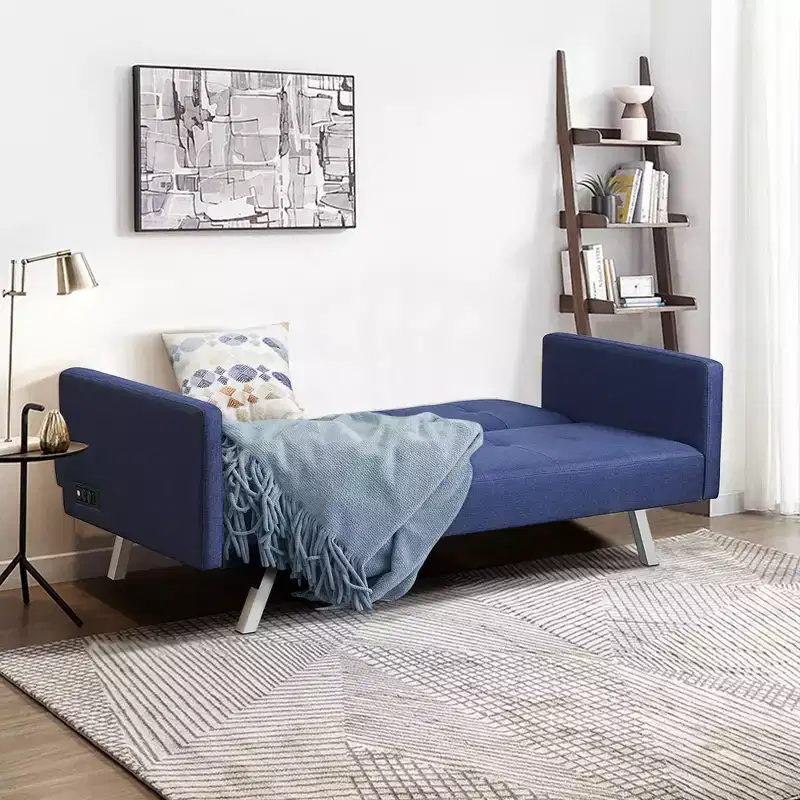Convertible Futon Sofa Bed Folding Recliner w/USB Ports&Power Strip Grey\Blue