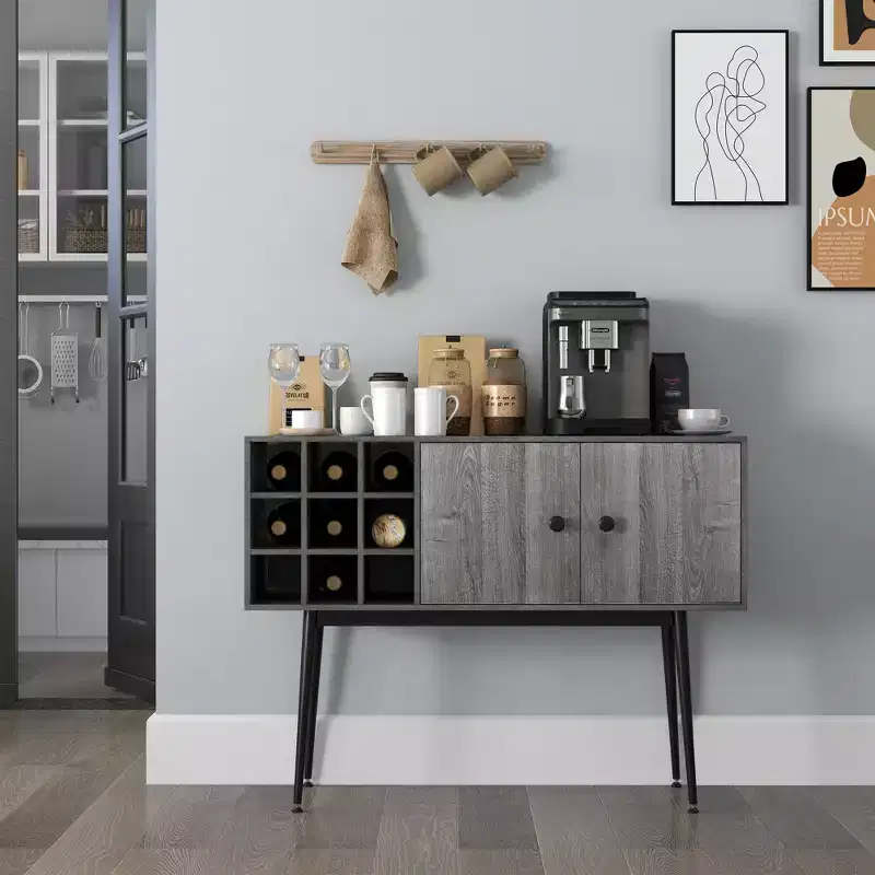 Coffee Bar Cabinet 9-Bottle Wine Rack and Adjustable Shelf, Sideboard Buffet Cabinet Wine Cabinet for Living Room