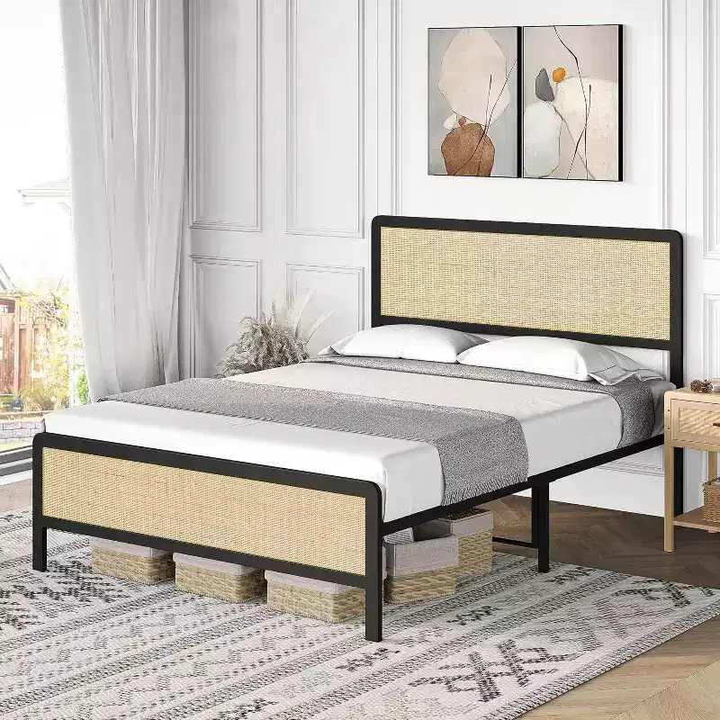 Acekool Boho Rattan Bed - Full Size with Safe Corners