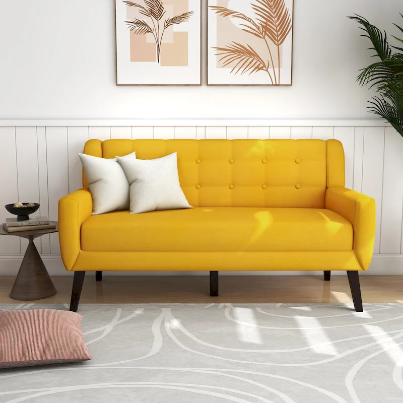 Tufted Linen/Cotton 2-Seater Sofa with Pillows