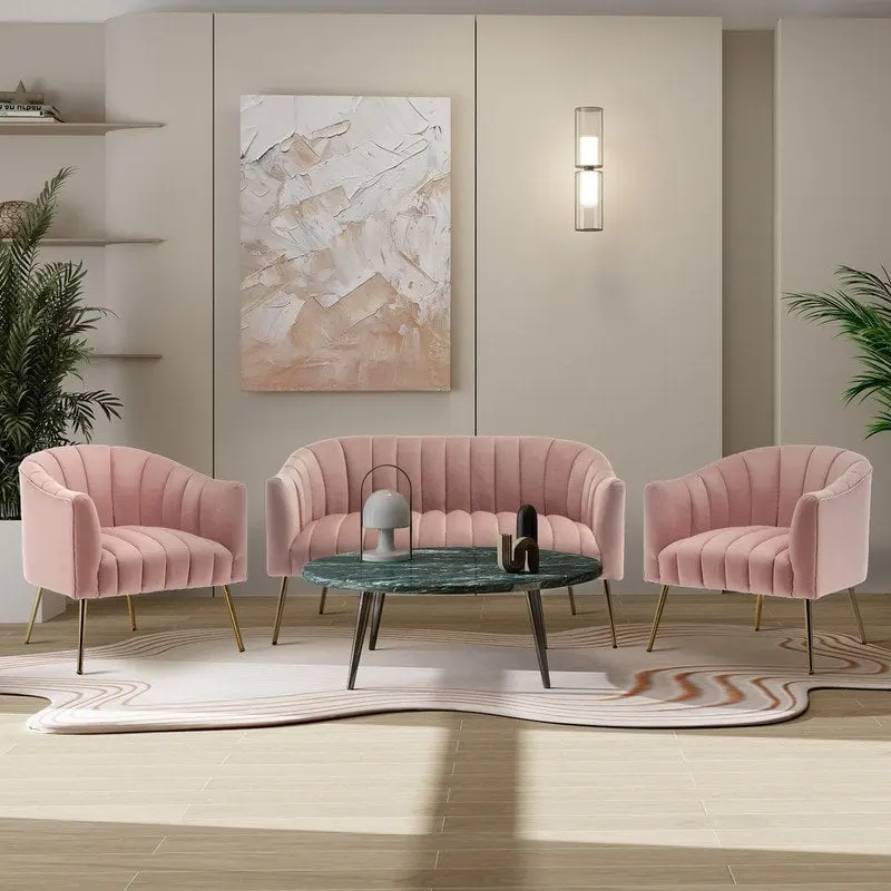 SEYNAR Modern Velvet Upholstered 3 Piece Living Room Set with Golden Legs