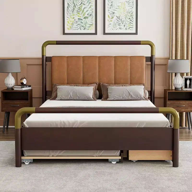Queen Size Storage Platform Bed with 2 Big Drawers, T-XL Size Trundle and PU Upholstered Backrest, White/Walnut-ModernLuxe