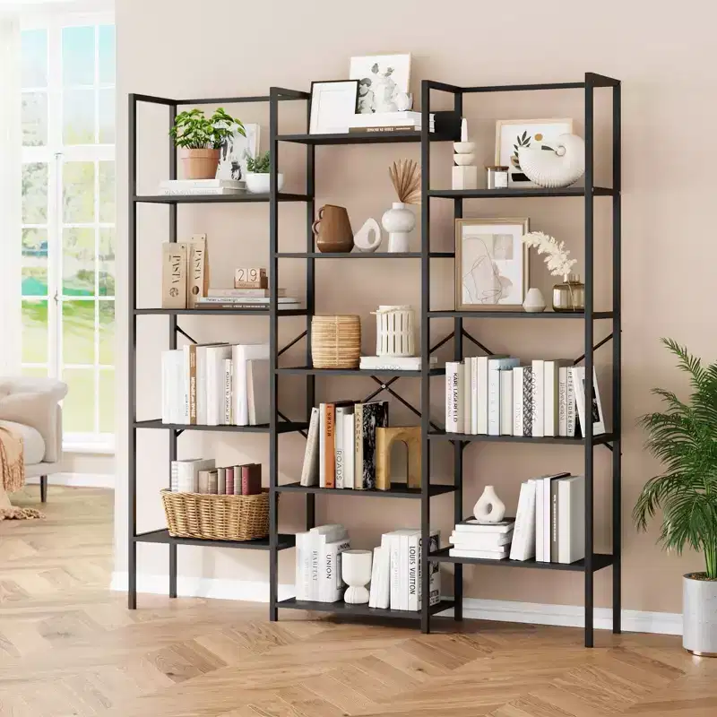 5 Tier Industrial Bookshelf Adjustable Wood Shelves & Heavy Duty Metal Frame, 100Lbs Capacity, Wide Storage Organizer