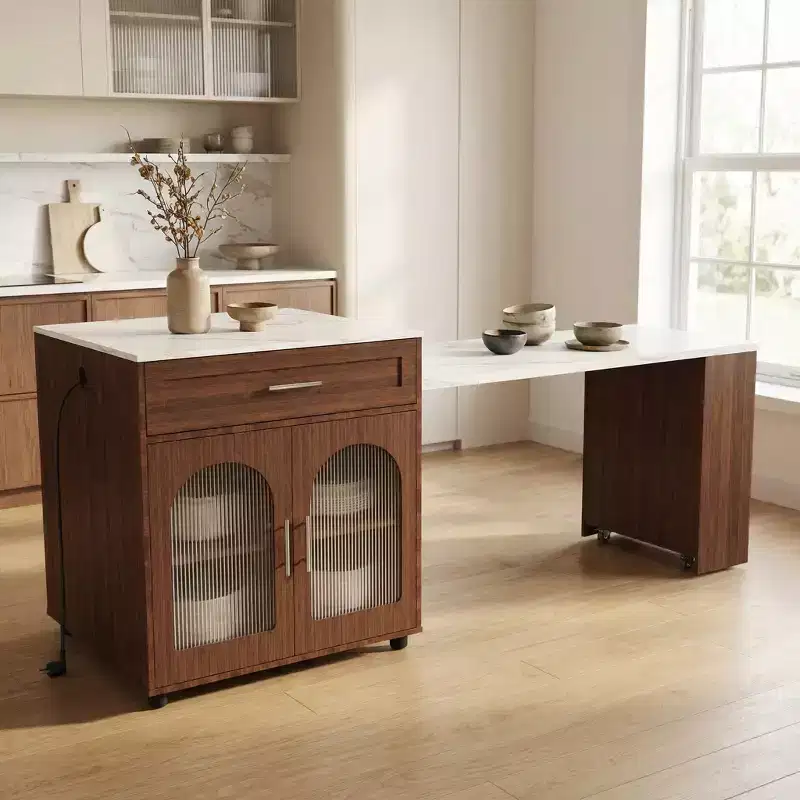 80-Inch Mobile Kitchen Island  Expandable Marble-Grain Countertop with Cabinet, Drawers & Dining Space, Walnut Finish for Kitchen Prep & Dining